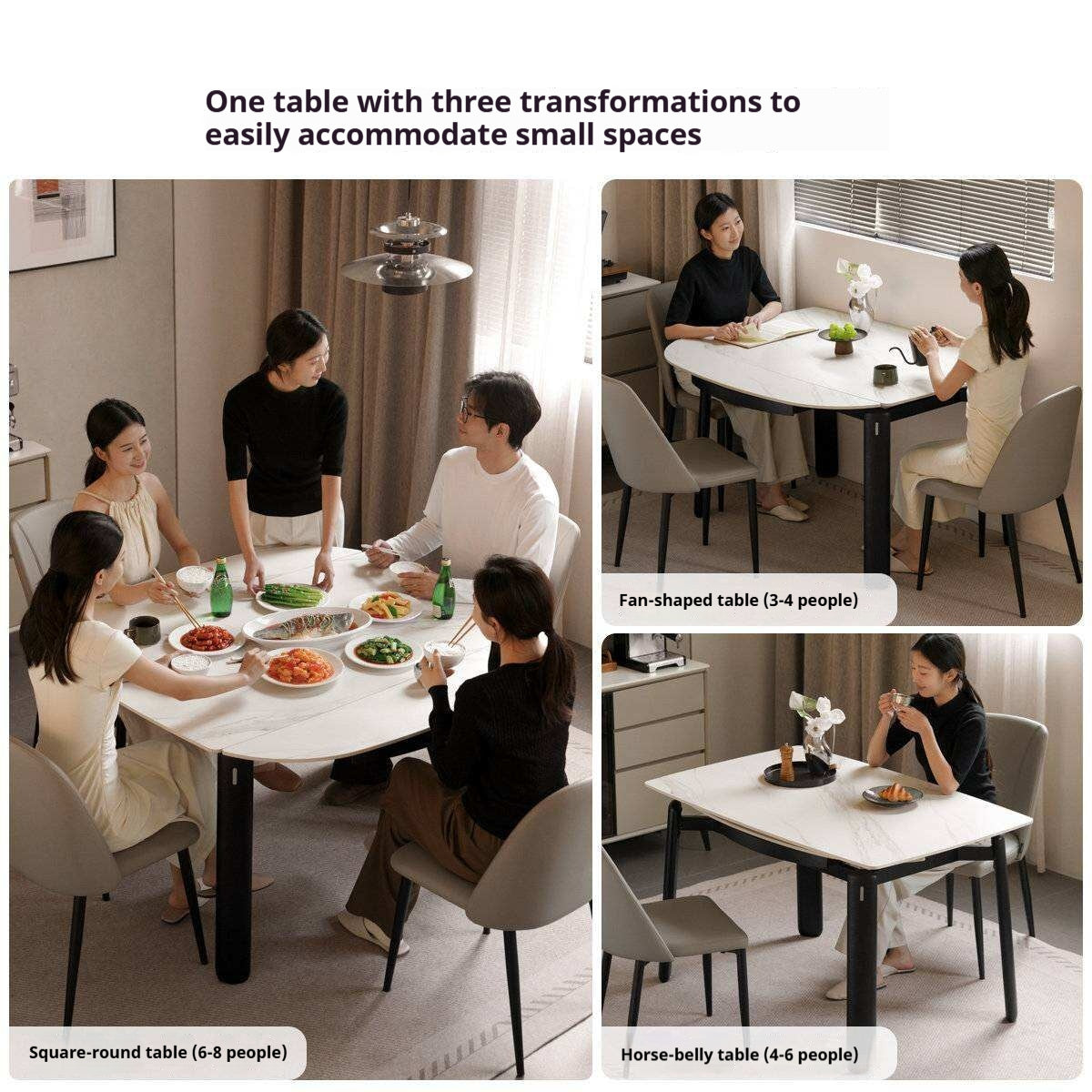 Solid RubberWood Extendable Dining Table with Marble-Look Stone Top and Rounded Corners