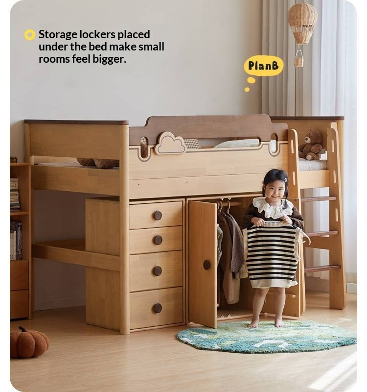 Rubberwood Solid Wood Children's Loft Bed with Under-Bed Cabinets