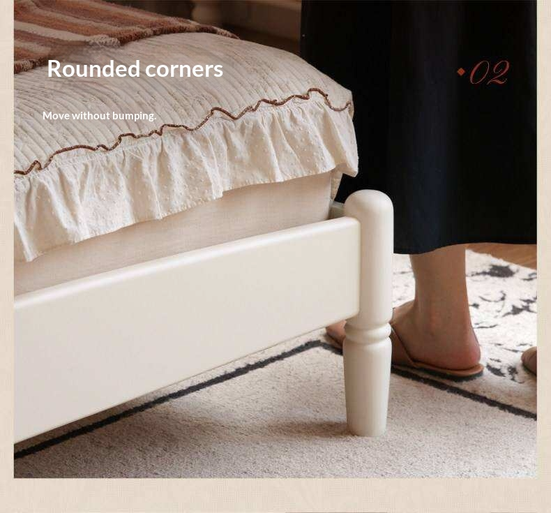 Rubberwood Solid Wood French Style Bed with White Curved Headboard and Elegant Retro Frame