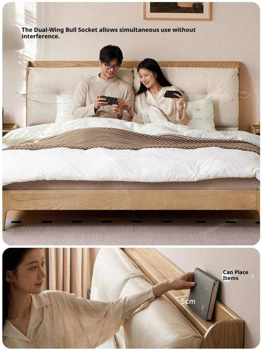 Ash Solid Wood Modern Leather Tufted Platform Bed with USB Charging Port