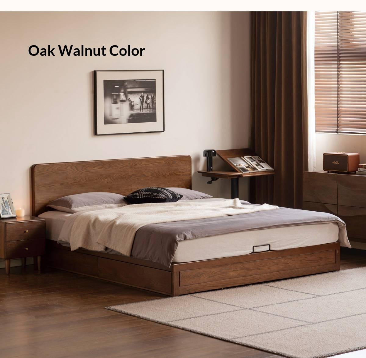 Rubberwood Solid Wood Platform Storage Bed with Gas Lift Base and Side Drawers