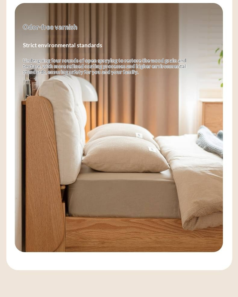 Oak Solid Wood with Upholstered Headboard Luminous Box Bed Cream Style