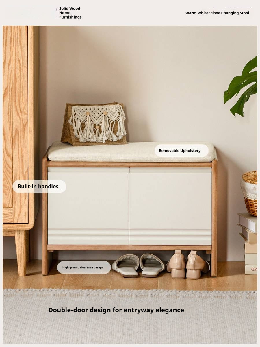 Solid RubberWood Shoe Storage Bench with Doors and Cushioned Top