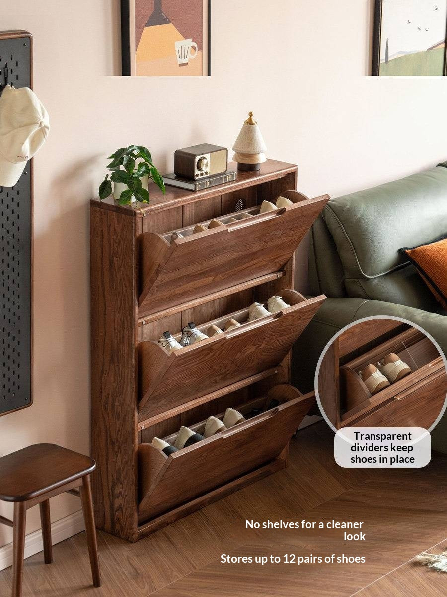 Oak Solid Wood Narrow Hall Tree with Shoe Storage Cabinet and Coat Hooks