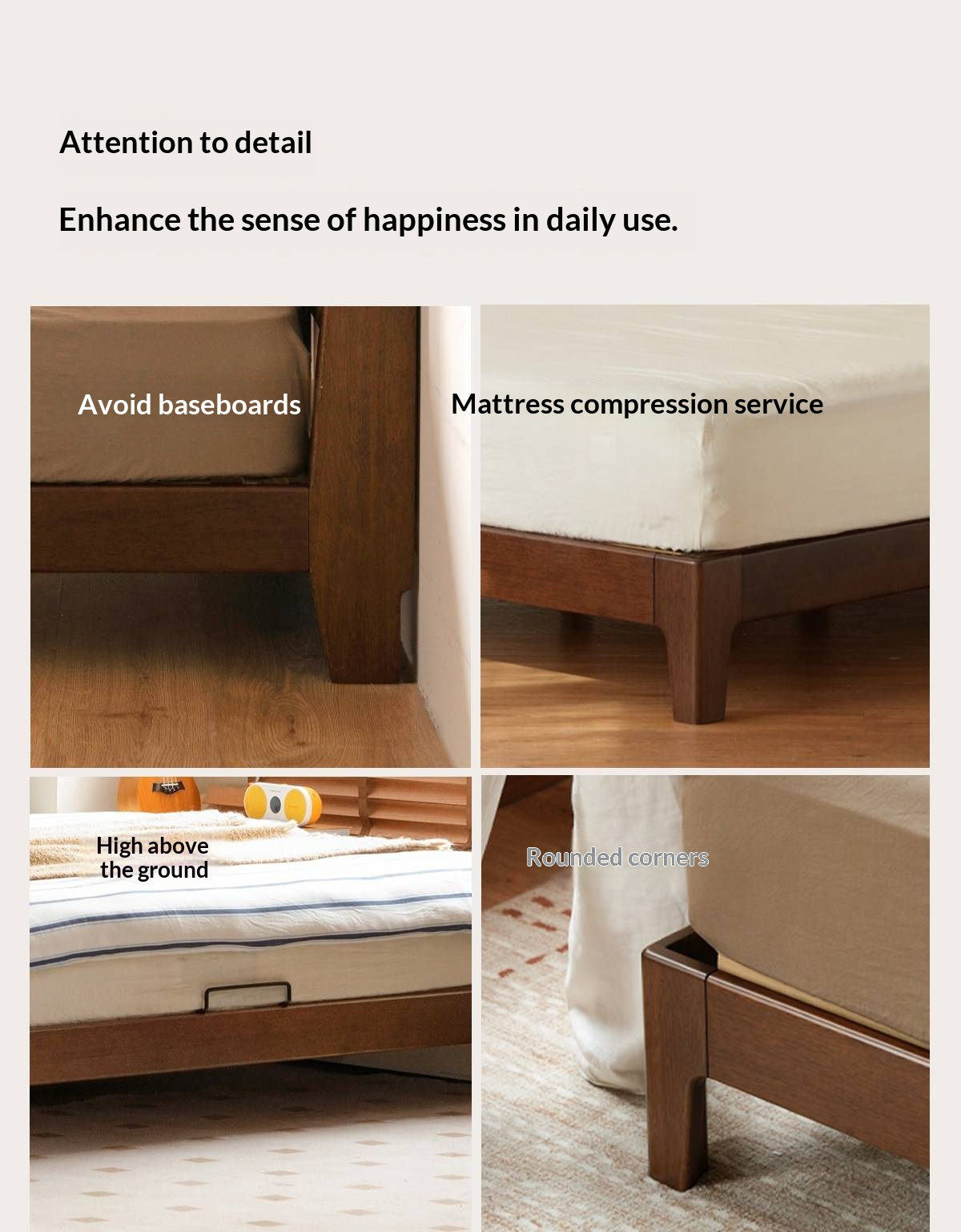 Golden Rosewood Solid Wood Modern Bed with Leather Upholstered Headboard and Built-In Power Outlets
