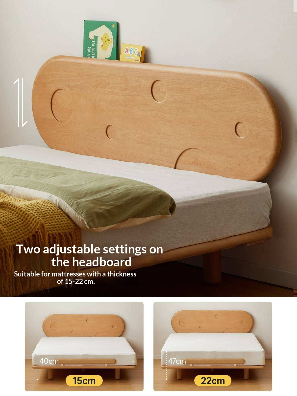 Beech Solid Wood Kids Floating Bed with Night Light and Optional Guardrails