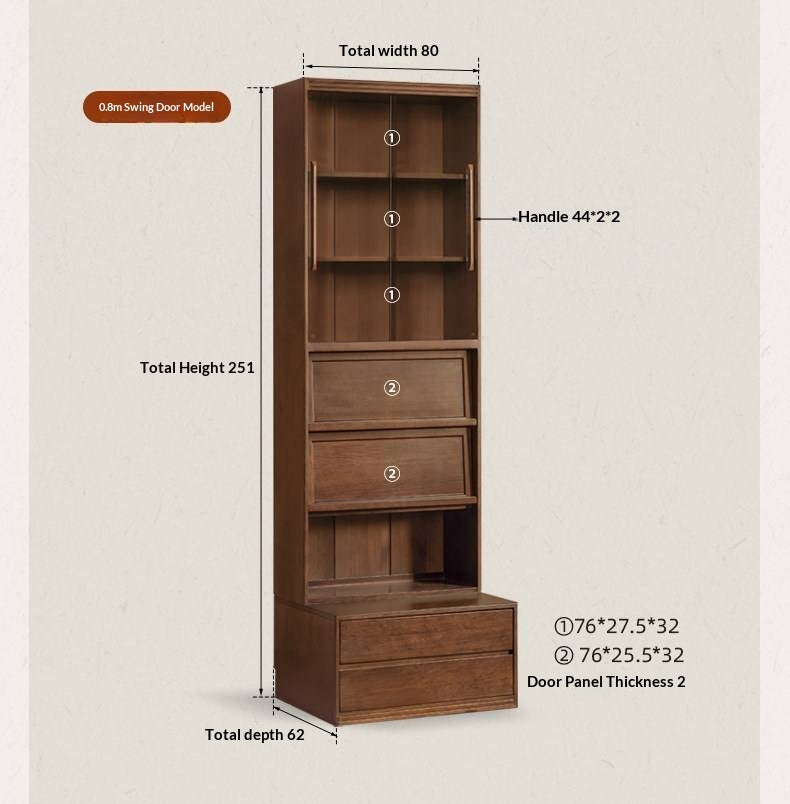 Solid Longan Hardwood, Ash Solid Wood Bookcase with Floor-to-Deck and Wall-Mounted Display Cabinet