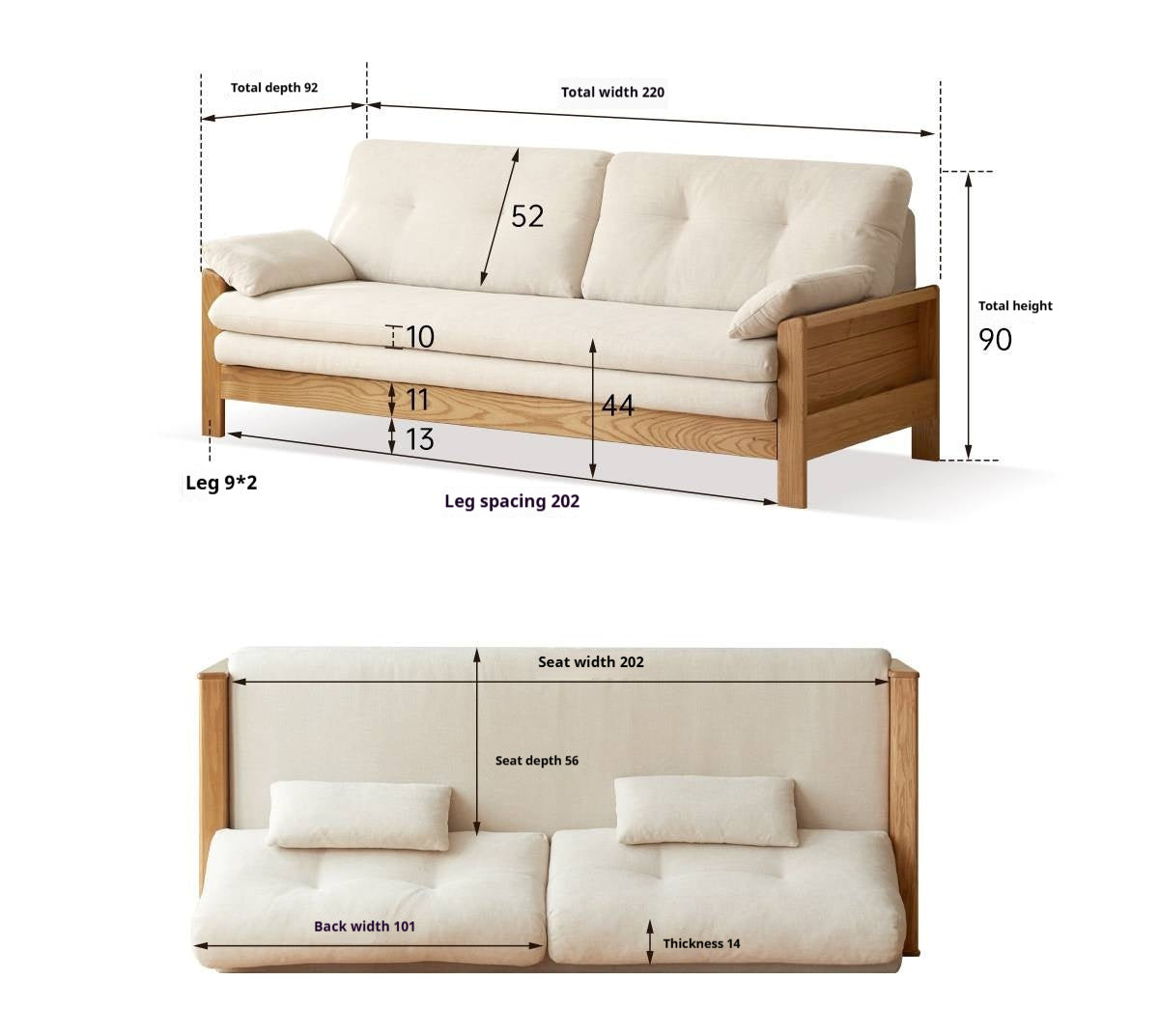 Oak Solid Wood Tufted Sofa Bed with Wood Frame and Side Storage Pocket