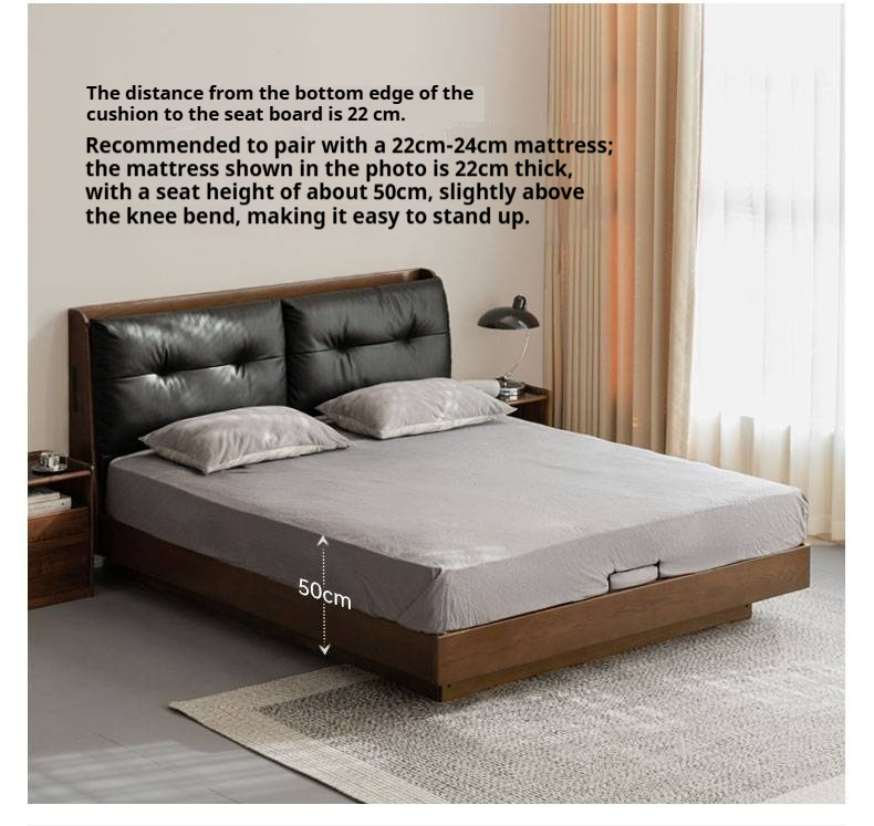 Oak Solid Wood Luxury Genuine Leather Box Bed