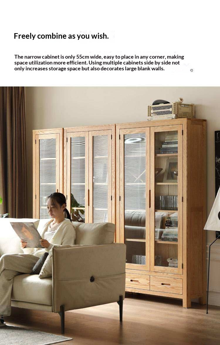 Oak, Solid Rubberwood Modern Bookcase with Glass Door Display Cabinet