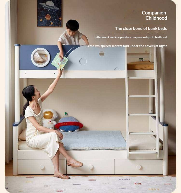 Rubberwood Solid Wood Spaceship-Themed Bunk Bed with Porthole Window
