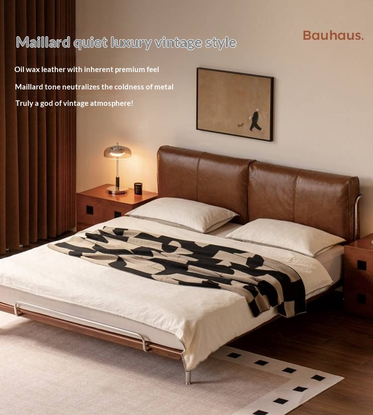 Genuine Leather Bauhaus Style Double Bed with Top Grain Cowhide Soft Backrest