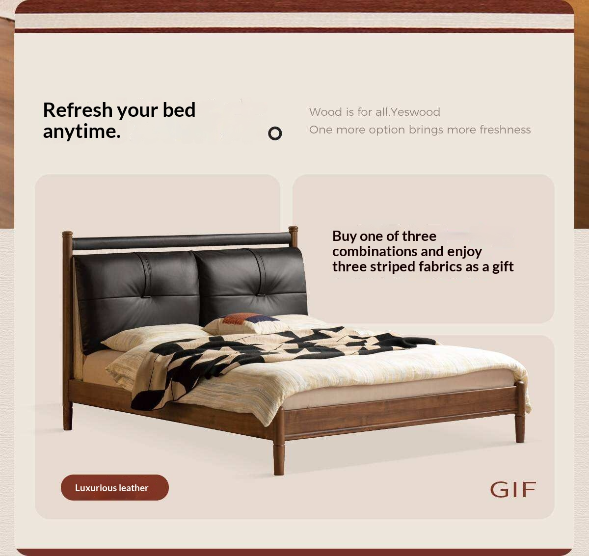 Black Walnut Solid Wood Bed with Plush Genuine Leather Cushioned Headboard