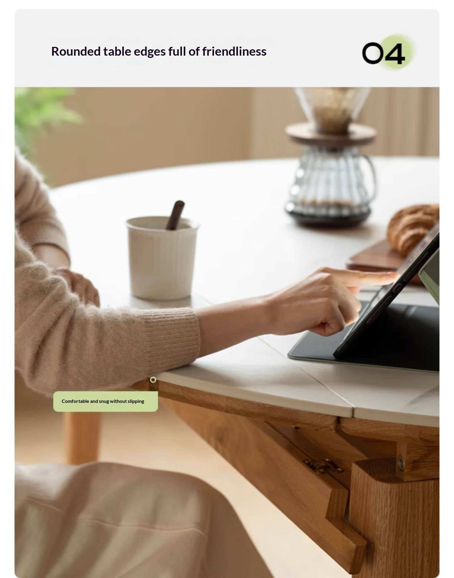 Oak, Solid Rubberwood Round Folding Dining Table With Rock Slab Surface