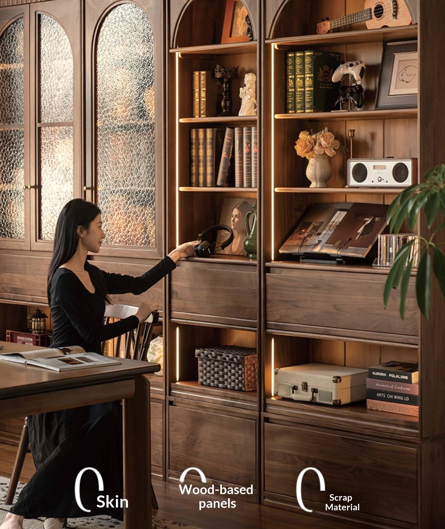 Black Walnut, Solid Sandalwood Arched Vintage Bookcase with Glass Door and Storage Drawer