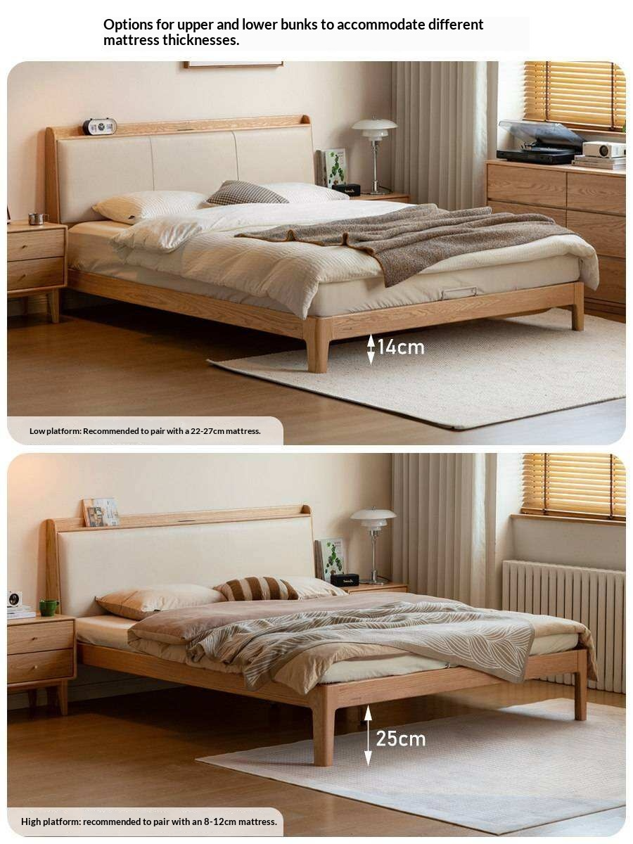 Ash Solid Wood Genuine  Leather High Soft Back Bed