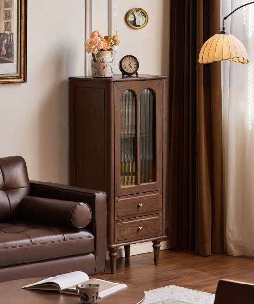Black Walnut Solid Wood Side Cabinet with Glass Display