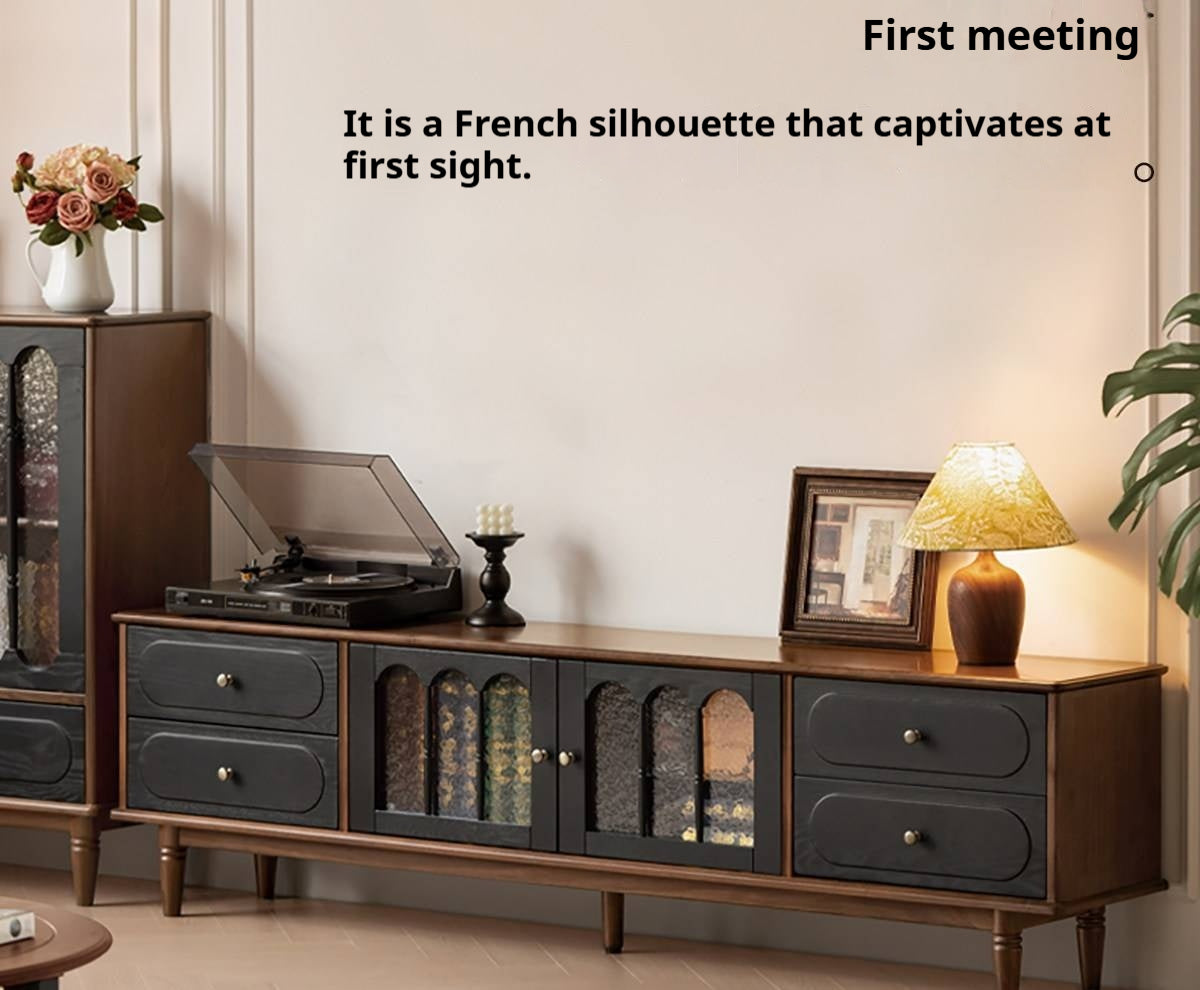 Black Walnut +ash Solid Wood  French Country TV Console with Arched Glass Doors