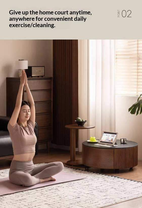 Oak Solid Wood Coffee Table with Layered Round Design and Rock Top