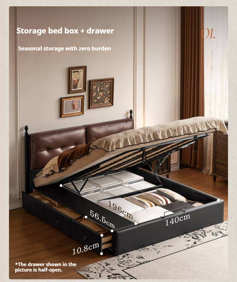 Genuine Leather Luxury Storage Bed with Lift-Up Storage Box Bed