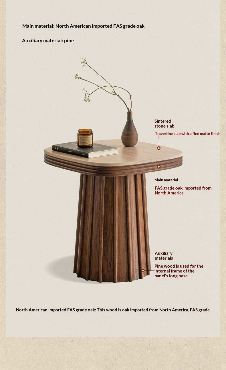 Oak Solid Wood Square Side Table with Silent Style and Rock Slab Design