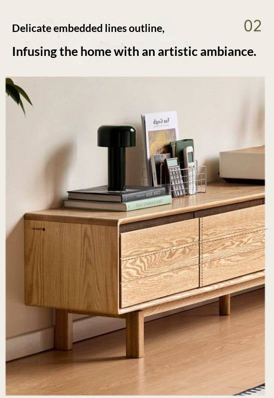 Oak Solid Wood Scandinavian TV Console with Two-Tone Color Block Doors