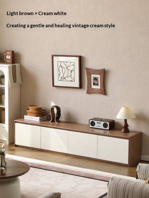 Solid RubberWood TV Console with Two-Tone Color Block Design and Full Pull-Out Drawers