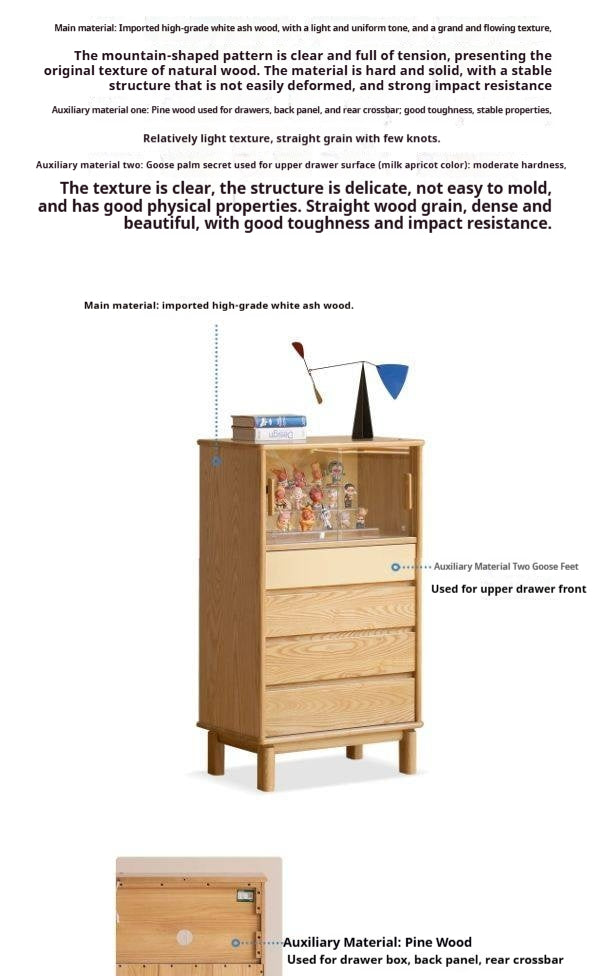 White Ash Wood Solid Wood Side Cabinet with Glass and Light Showcase