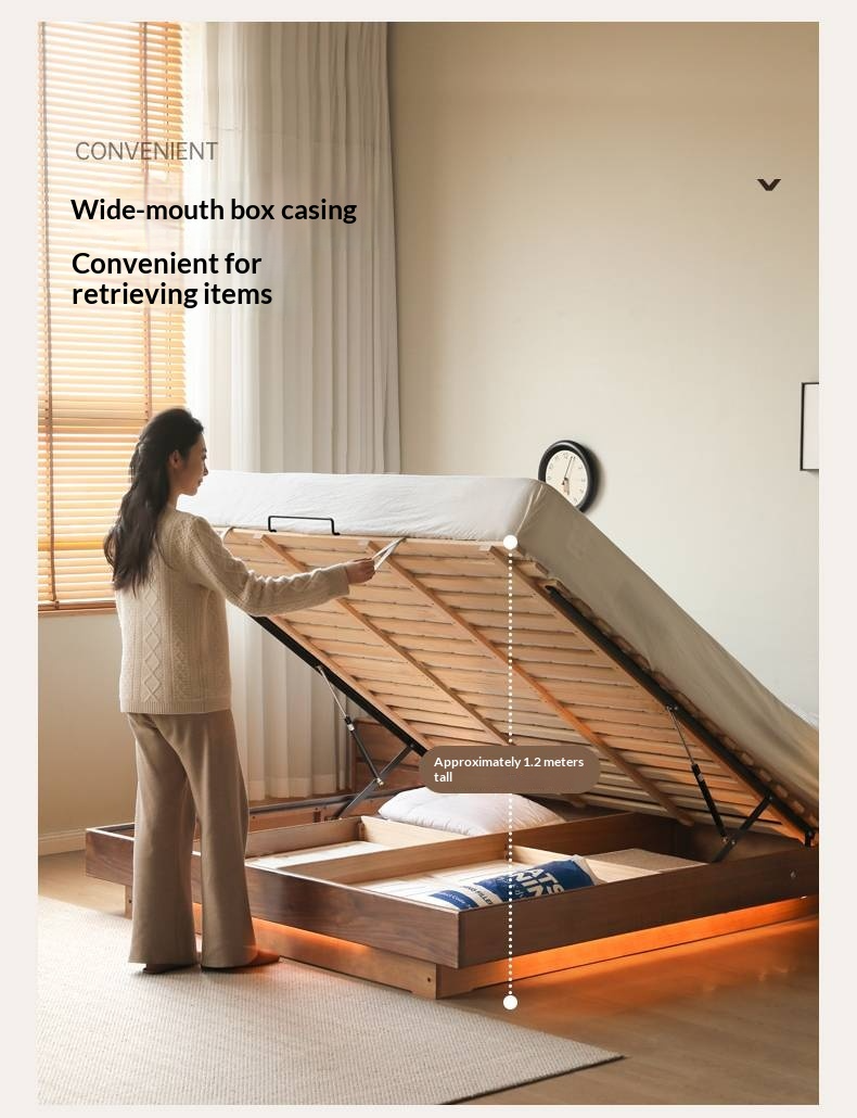 Black Walnut Solid Wood Platform Box Bed, Headboard-Free Bed Night Light Suspended Bed