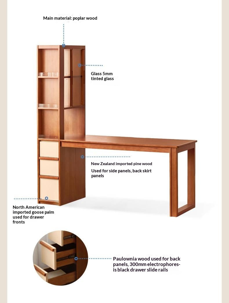 Poplar Solid Wood Retro Style Multifuntional Desk with Integrated Bookshelf