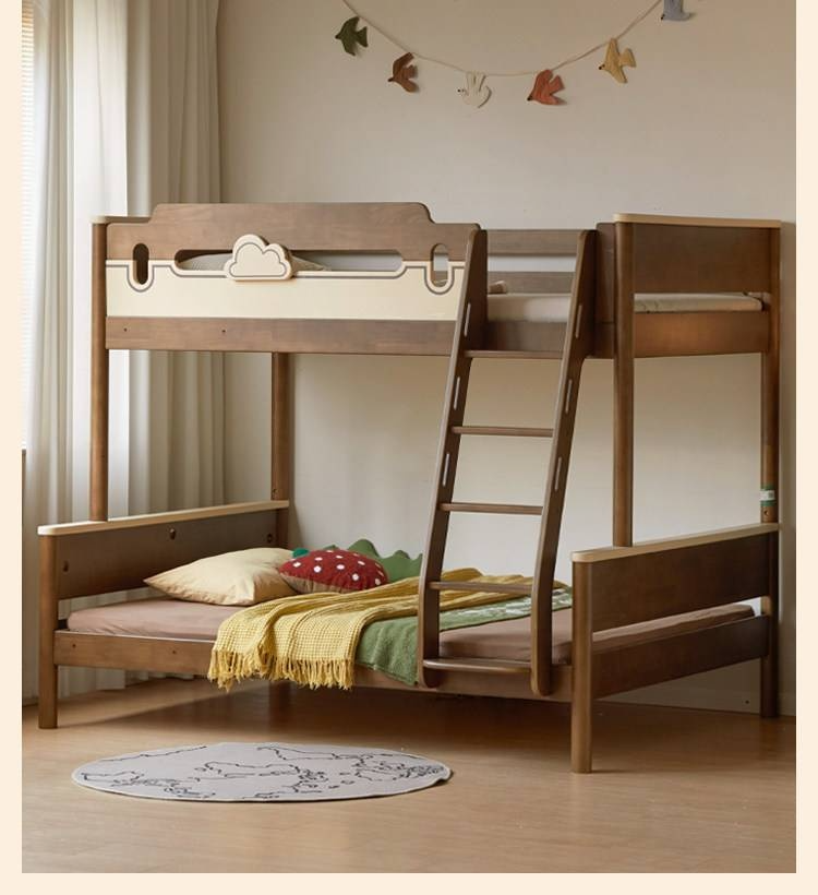 Rubberwood Solid Wood Castle-Inspired Bunk Bed with Cloud Cutout Guardrail
