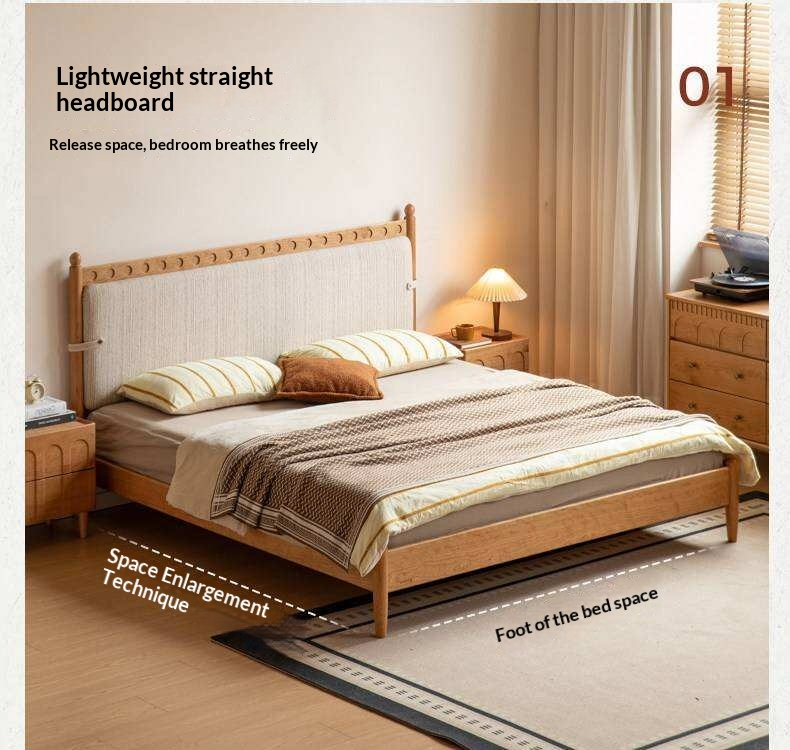 Cherry Solid Wood Double Bed with Vintage Style and Leather Upholstered Headboard