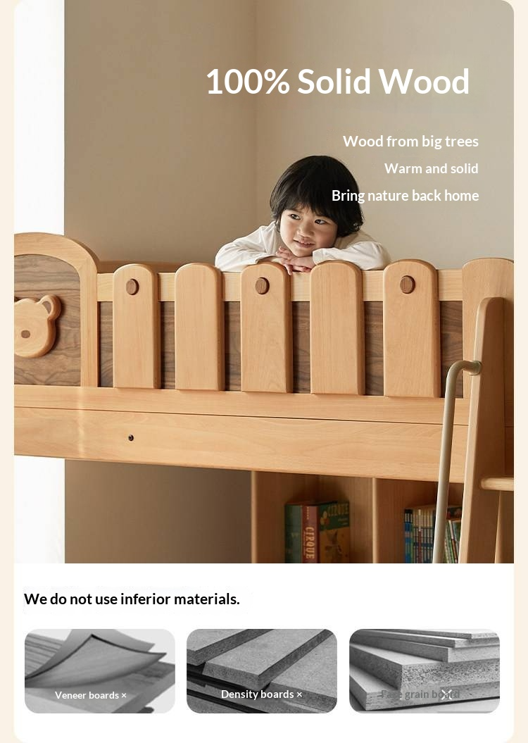 Beech Solid Wood L-Shaped Bunk Bed with Bookshelf Headboard and Detachable Guardrail