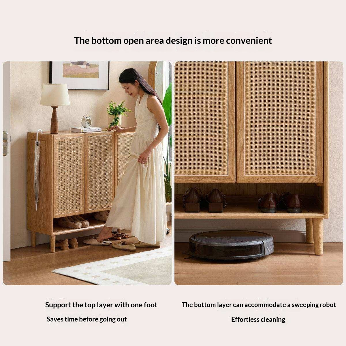 Oak Solid Wood Shoe Cabinet with Large Capacity and Vine Weaving Design