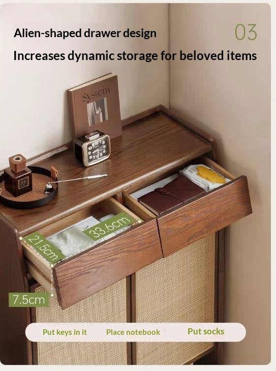 Oak Solid Wood Shoe Cabinet with Rattan Storage