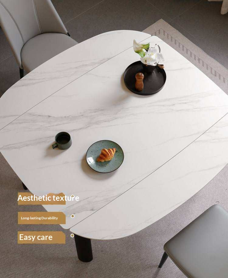 Solid RubberWood Extendable Dining Table with Marble-Look Stone Top and Rounded Corners