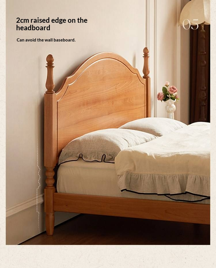 Birch Solid Wood Bed — French Retro Style, Large Slab Design, Mid-Range Style