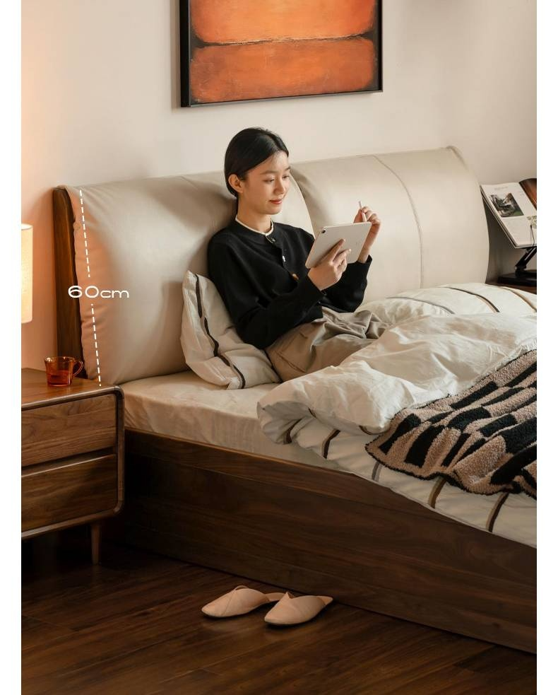 Black Walnut Solid Wood Box Bed — Luxury Genuine Leather Bed with Soft Backrest