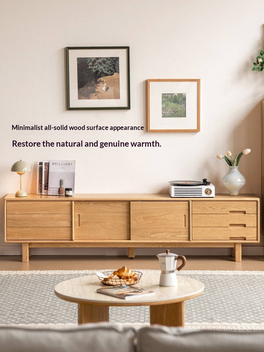 Oak Solid Wood TV Console with Ribbed Sliding Doors and Open Shelving