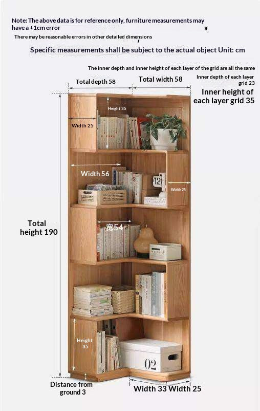 Oak Solid Wood Corner Bookshelf with Floor-Standing Storage Cabinet