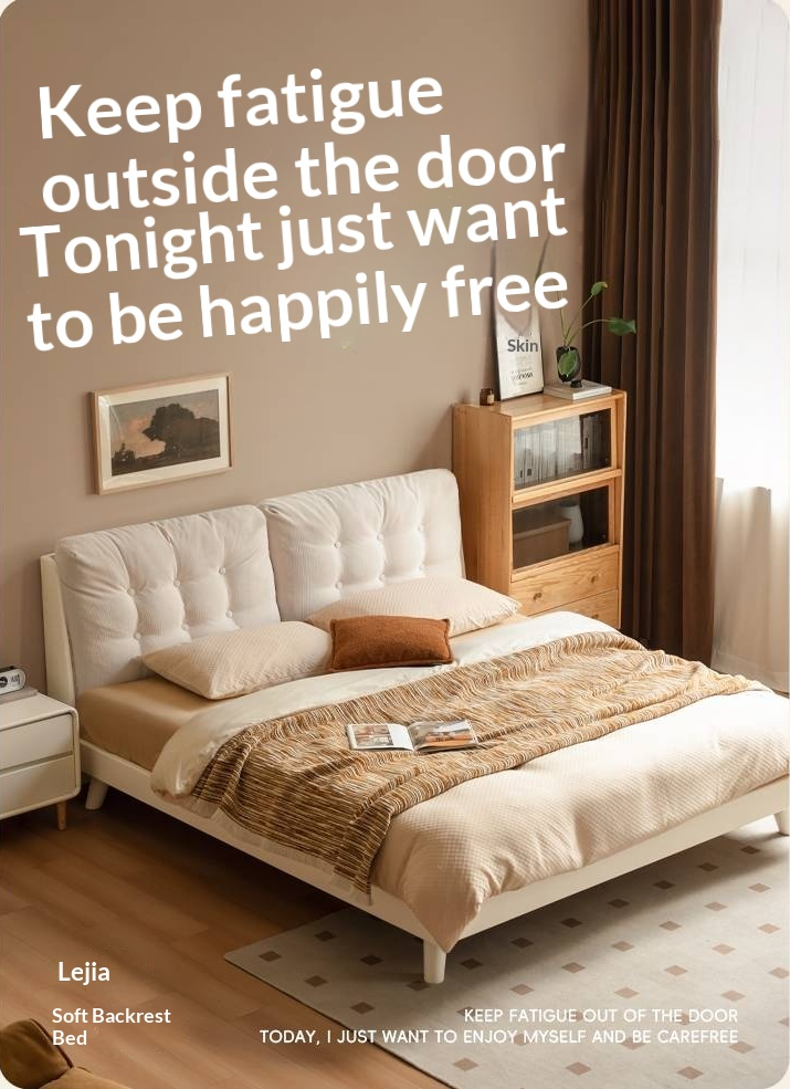 Oak, Rubberwood Solid Bed with Cream Finish — Casual Bedside with Soft Bag Backrest and White Soft Back