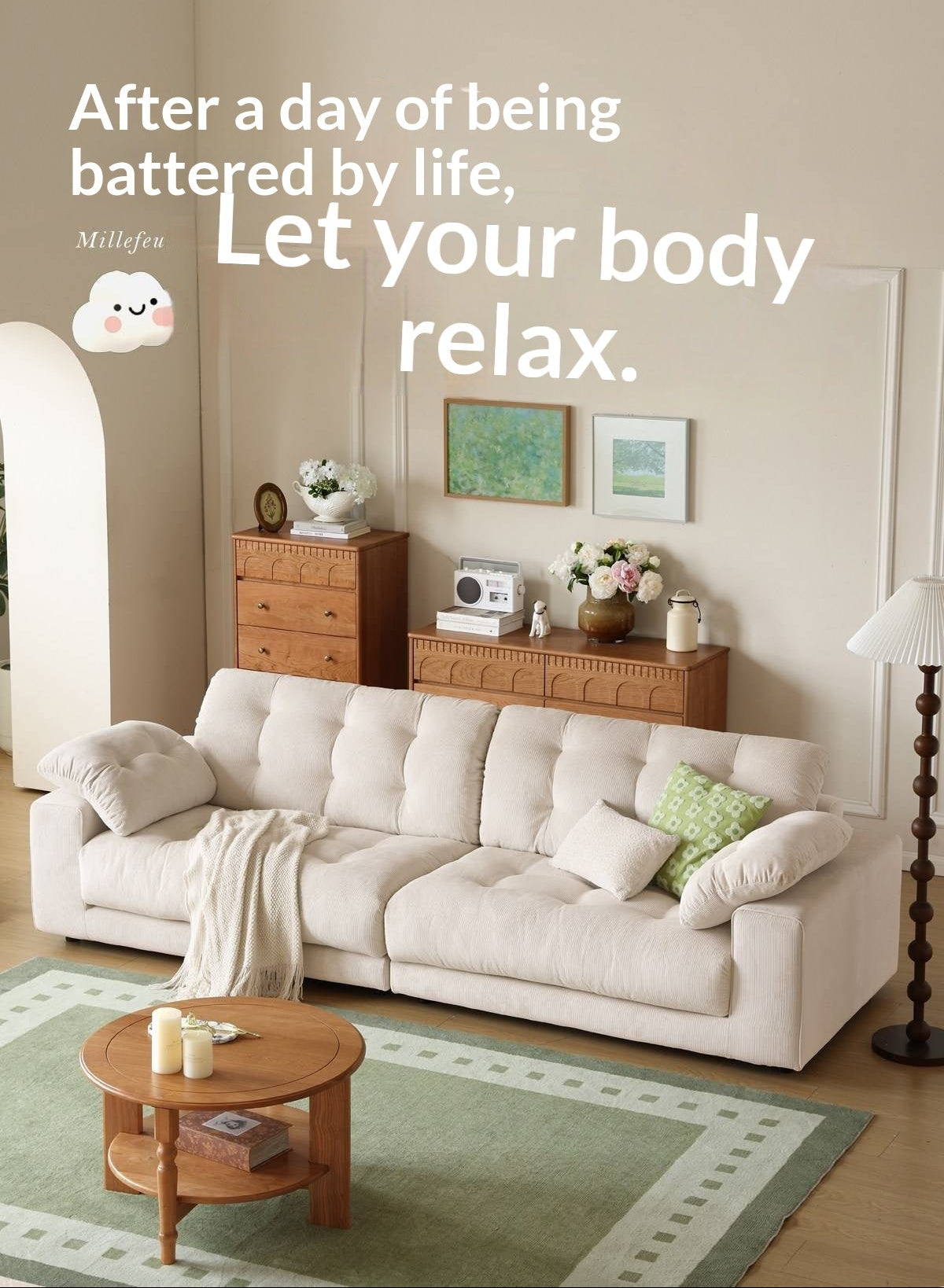 Cream Cloud Fabric Sofa with Deep Seat and Full Removable Covers