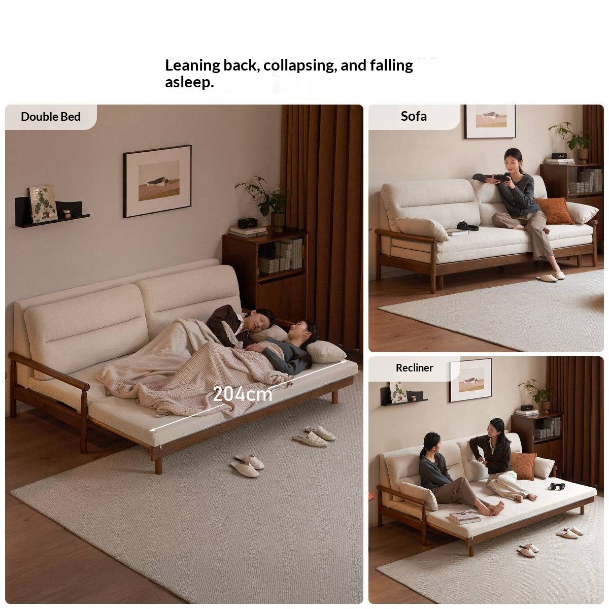 Oak Solid Wood Wood Frame Sleeper Sofa with Reclining Backrest