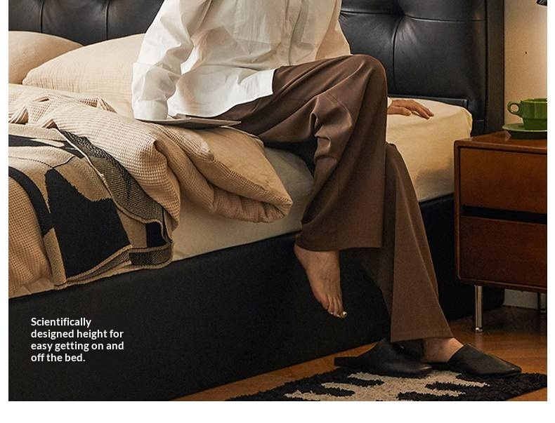 Genuine Leather Retro Box Bed — Black Upholstered, Simple Design