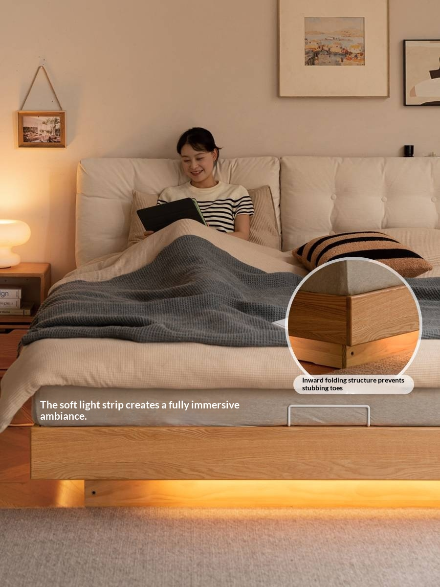 Oak Solid Wood with Upholstered Headboard Luminous Box Bed Cream Style