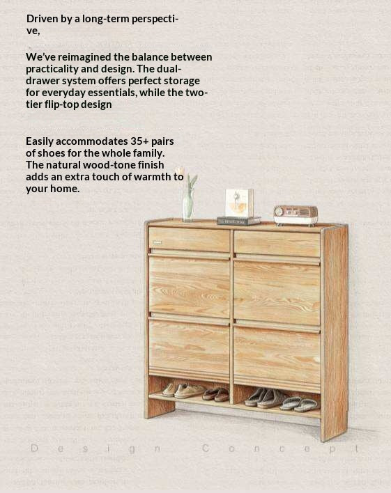Oak Solid Wood Slim Entryway Shoe Cabinet with Tilt-Out Compartments and Drawers