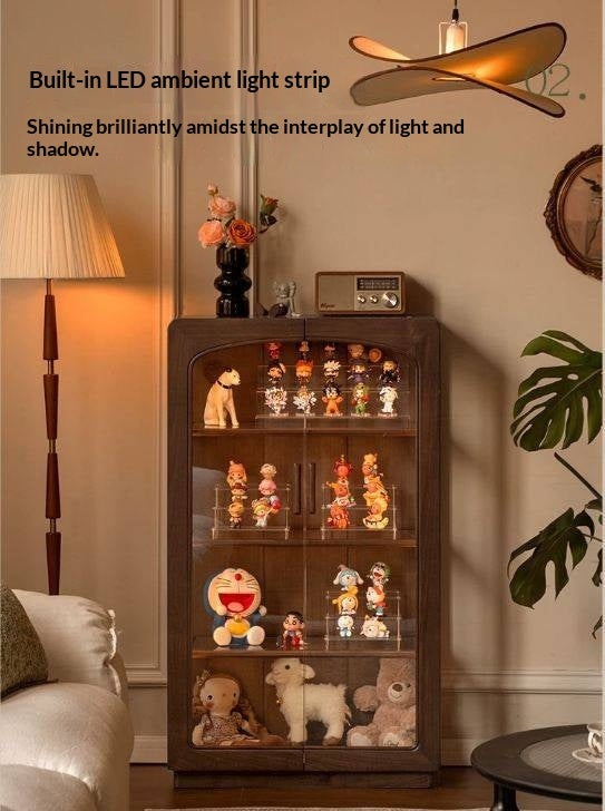 Black Walnut Solid Wood Side Cabinet with LED Lighting and Glass Panels