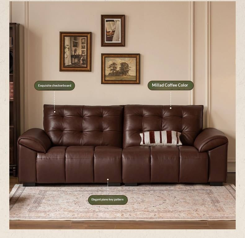 Genuine Leather American Retro High-Back Sofa with Checkerboard Black Bear Pattern