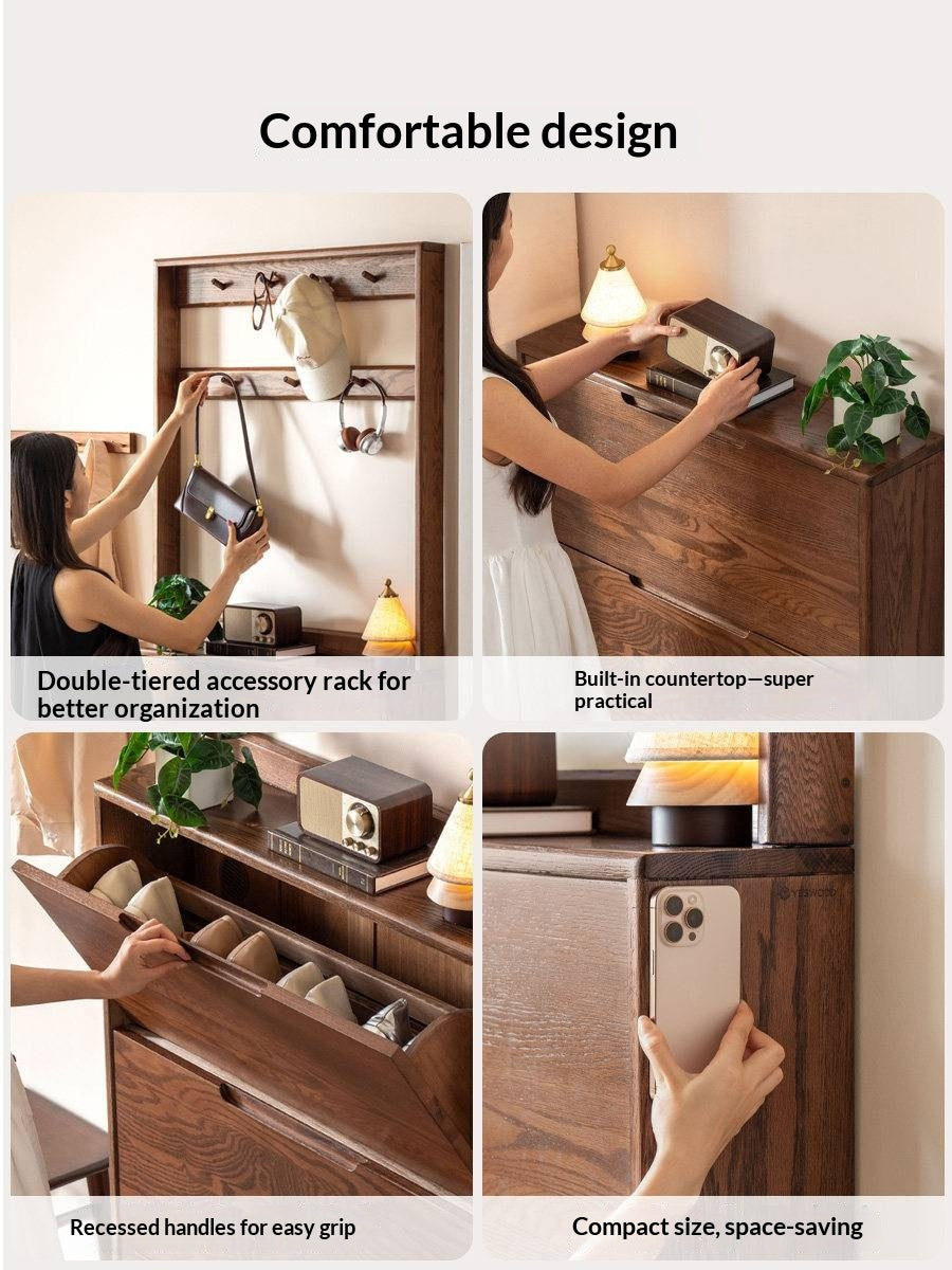 Oak Solid Wood Narrow Hall Tree with Shoe Storage Cabinet and Coat Hooks