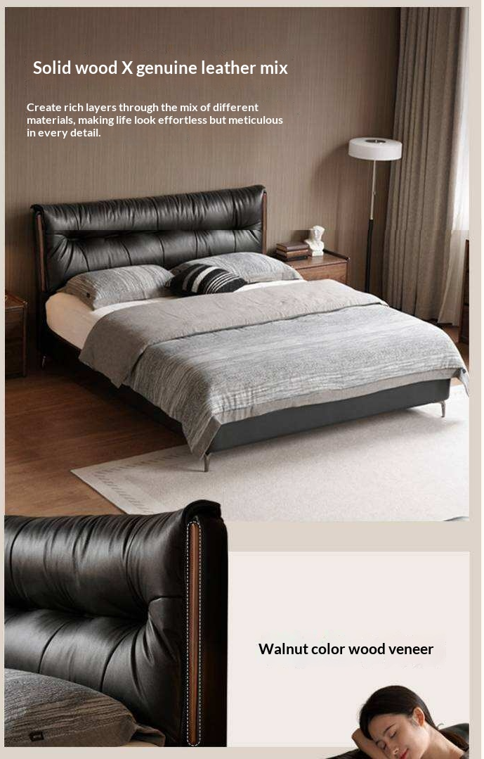 Genuine Leather Platform Bed with Wingback Tufted Headboard
